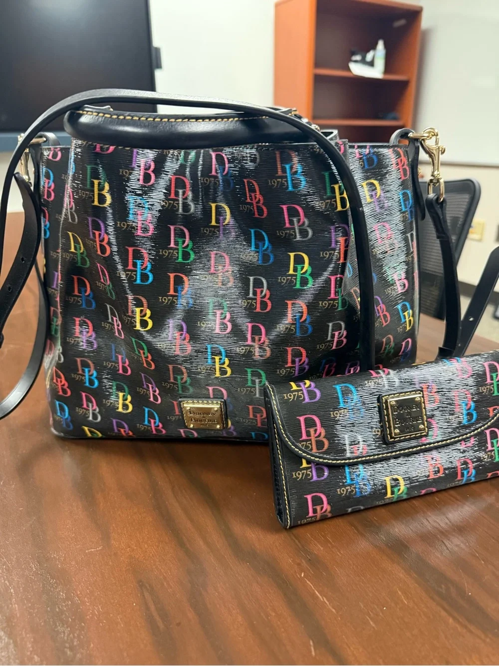 Dooney & Bourke Black Multicolor DB Logo Tote with Matching Wallet Set